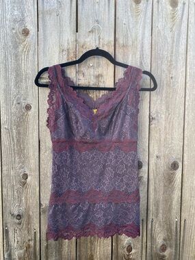 Lace V-Neck Camisole in Plum with Rasberry Trim